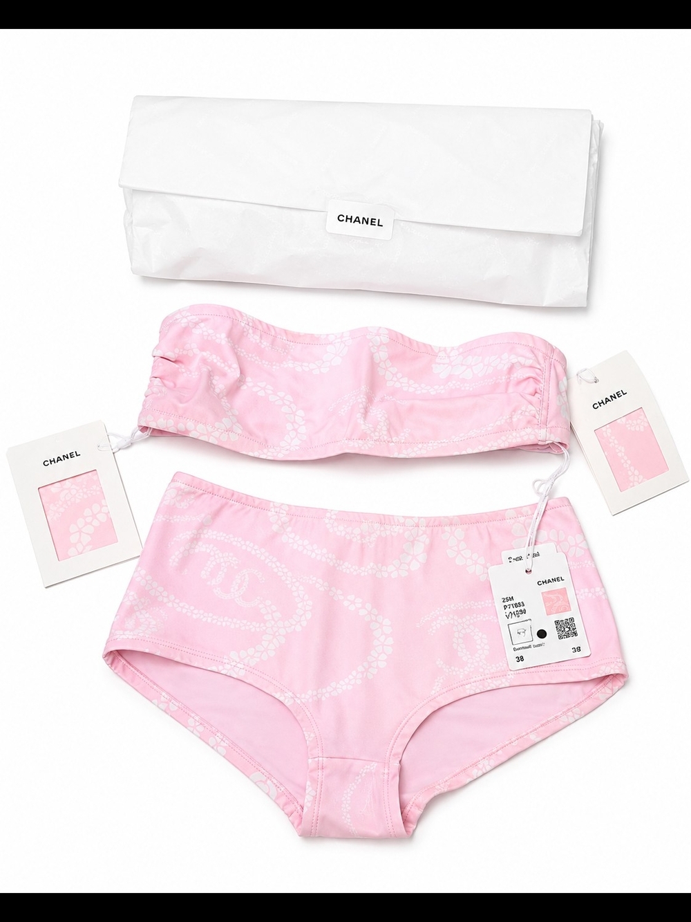 CHANEL Light Pink Floral Print Swim Set Bikini Coco Beach Collection NEW